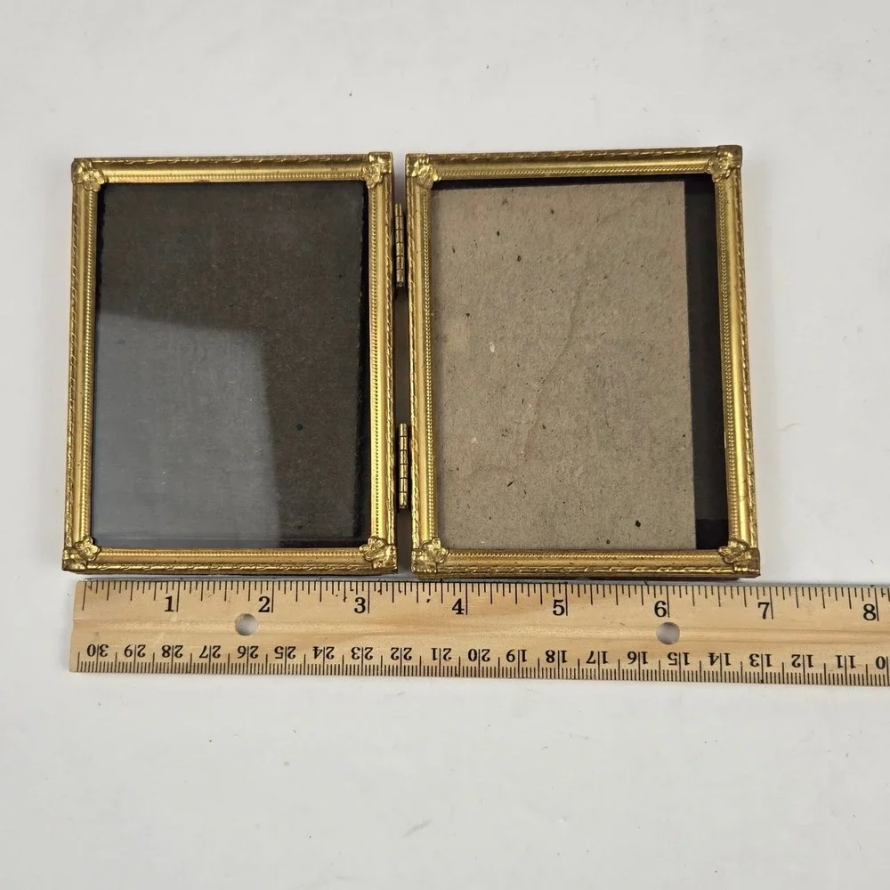 Vintage Gold Metal Folding Double Picture Frame Ornate Embossed Floral Bifold